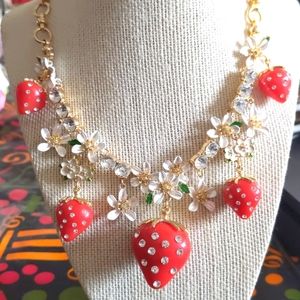 - Betsey Johnson Strawberry Crystal Flower Statement Necklace